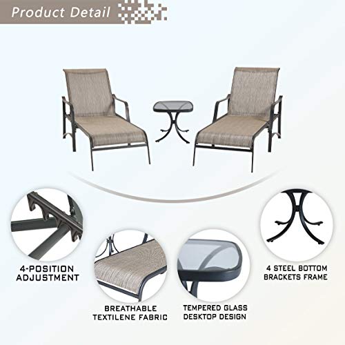Festival Depot 3 Pc Patio Bistro Outdoor Furniture Chaise Lounge Chair Set with Textilene Fabric and Metal Adjustable Back Curved Armrest, Glass Desktop Side Coffee Table for Porch Yard Garden