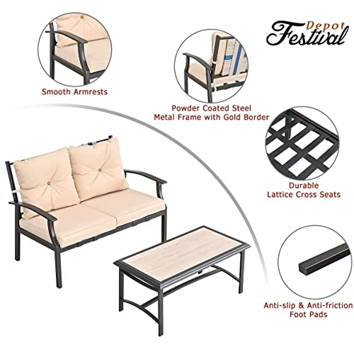 Festival Depot 2 Pcs Patio Bistro Set Conversation Set with Coffee Table Outdoor Furniture Loveseat Armchair with Hand-Woven Textilene Rope Backrest (Black Metal Frame with Beige Cushion)