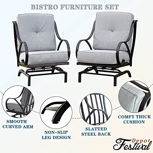 Festival Depot Patio Chair Set of 2 Metal Armchairs with Thick Cushions Outdoor Furniture for Bistro Deck Garden (Grey) (B-PF19110X2-G)