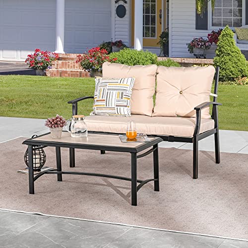 Festival Depot 2 Pcs Patio Bistro Set Conversation Set with Coffee Table Outdoor Furniture Loveseat Armchair with Hand-Woven Textilene Rope Backrest (Black Metal Frame with Beige Cushion)