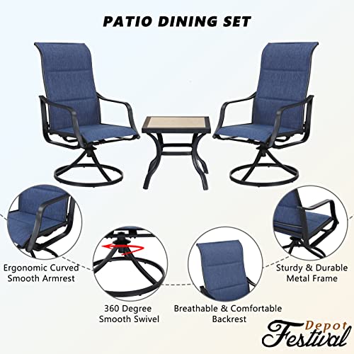 Festival Depot 3 PC Bar Bistro Outdoor Patio Dining 360å¡Swivel Chairs Set Furniture Rockers Armrest Chair Square Metal Steel Frame Coffee Table for Deck Garden Pool