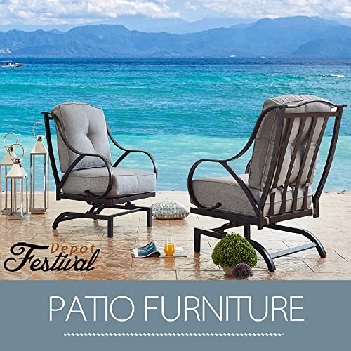 Festival Depot Patio Chair Set of 2 Metal Armchairs with Thick Cushions Outdoor Furniture for Bistro Deck Garden (Grey) (B-PF19110X2-G)