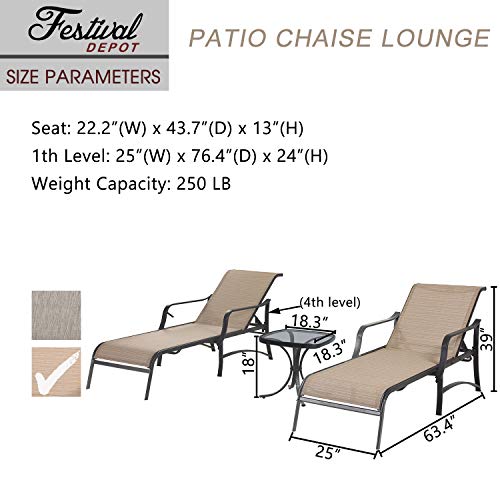 Festival Depot 3 Pc Patio Bistro Outdoor Furniture Chaise Lounge Chair Set with Textilene Fabric and Metal Adjustable Back Curved Armrest, Glass Desktop Side Coffee Table for Porch Yard Garden